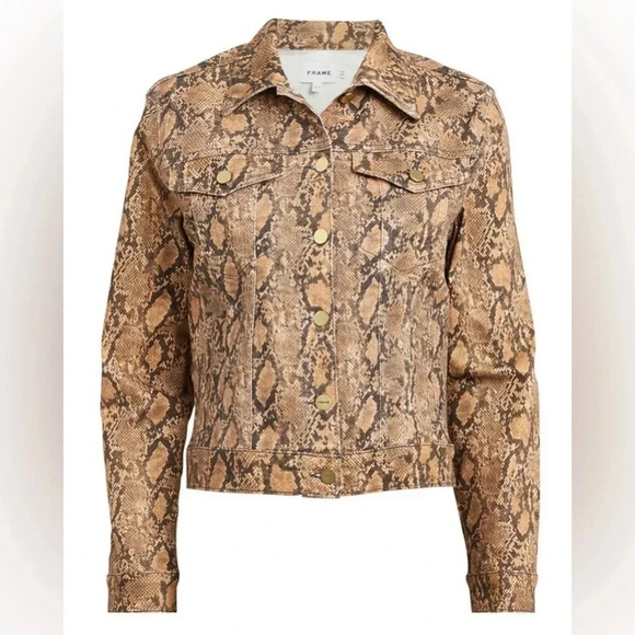 FRAME Jean Jacket Animal Print Coated Python Denim Jacket, Size XS - Picture 2 of 11